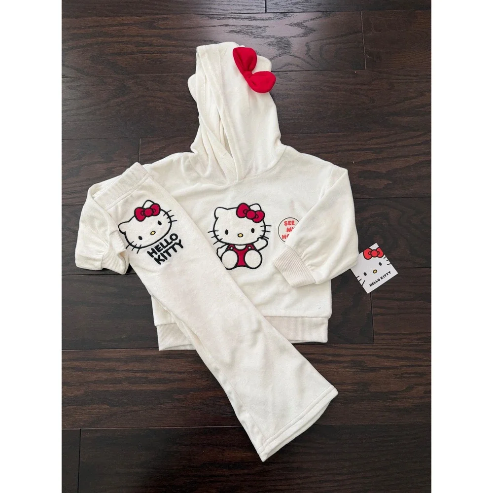 Hello Kitty Velour Hoodie and Flare Pants Set Cream Red Bow Kids 2T